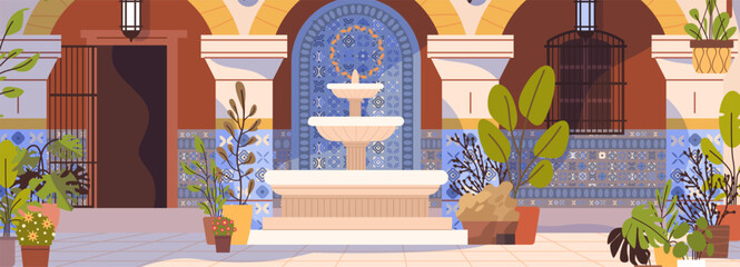 Fototapeta premium Spanish courtyard fountain with mosaic tiles plants arches traditional architecture potted greenery warm colors decorative columns wall lanterns