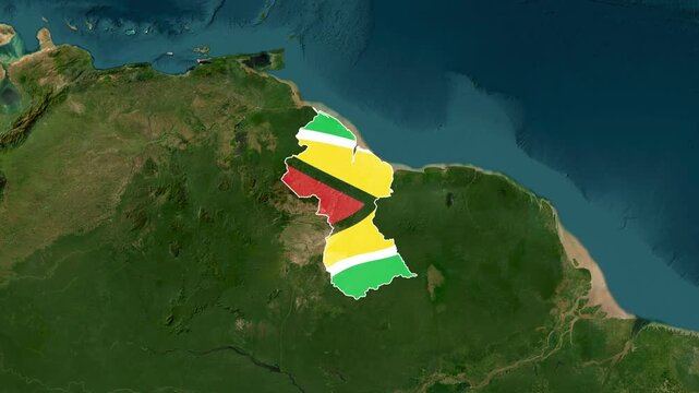 Guyana's national flag overlaid on a satellite map showcasing its unique geographical features