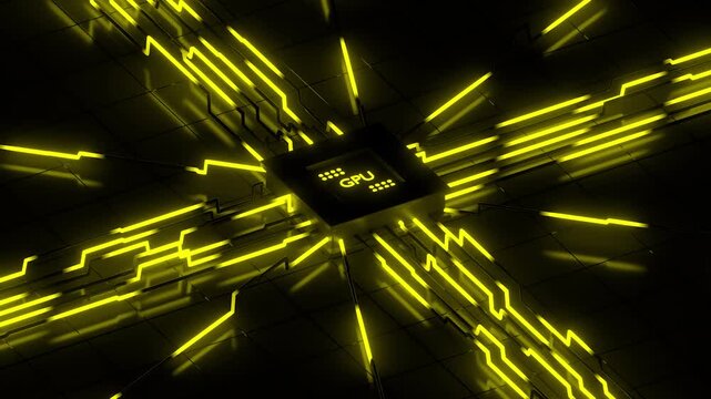 3D render of a futuristic GPU computer chip core with glowing yellow circuit lines on a dark motherboard