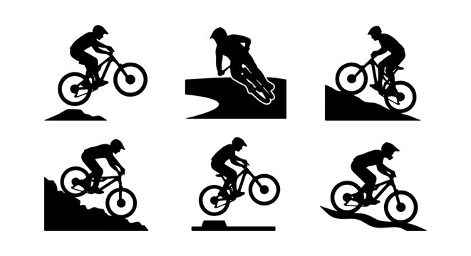 Mountain Bike Silhouettes, Extreme Sports Action, Downhill Cycling Icons, Vector Set