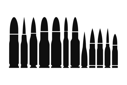 A row of twelve black silhouettes of various rifle and handgun ammunition cartridges on white background