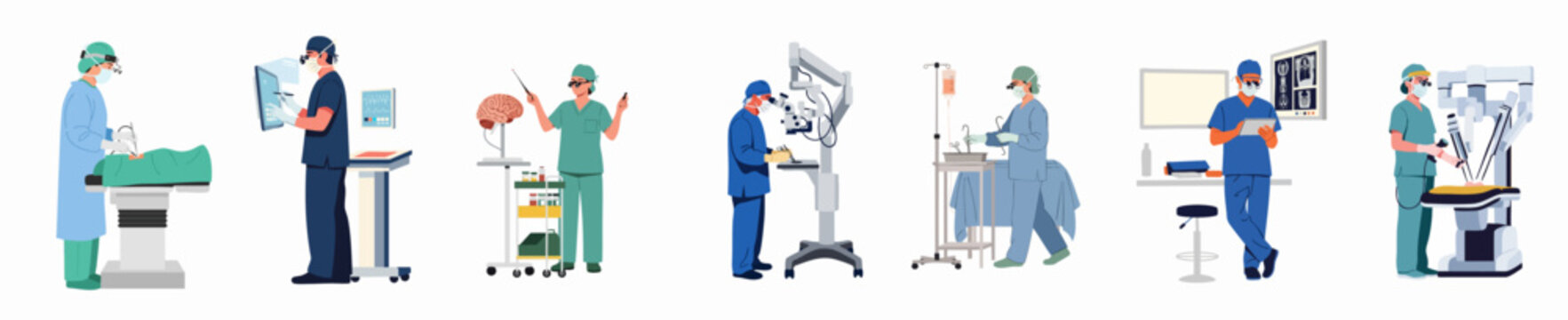 Flat illustration set of diverse medical professionals performing advanced surgeries and using high-tech equipment in a modern hospital setting.