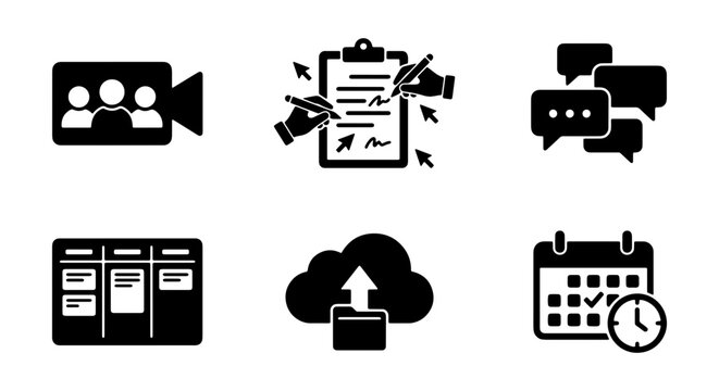 Business Icons: Video Call, Signing Contract, Chat Bubbles, Kanban Board, Cloud Upload, Calendar