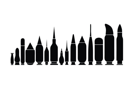 Silhouette collection of fourteen various ammunition cartridges and projectiles in black on white background