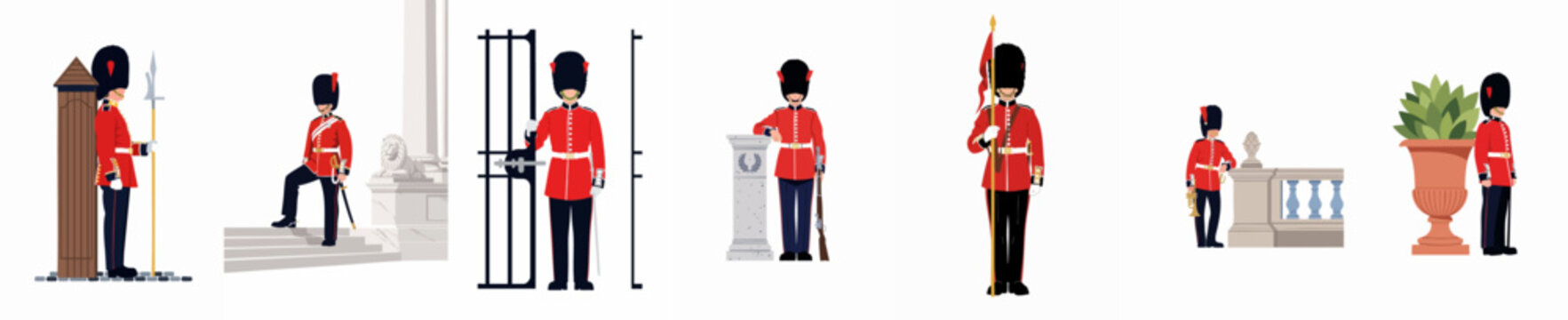 Collection of British Royal Guard Illustrations in Traditional Red Uniforms and Bearskin Hats in Various Ceremonial and Sentry Duty Poses