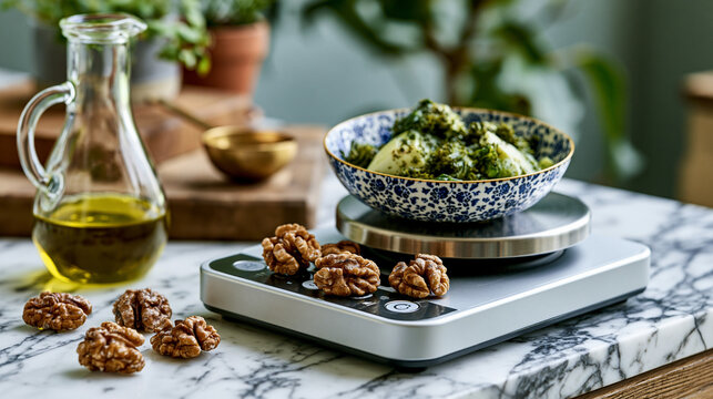 A kitchen scale beside six walnut halves, a measured tablespoon of olive oil, and a small bowl of steamed greens on a white marble surface, calm and clinical, perfect for portion control techniques,