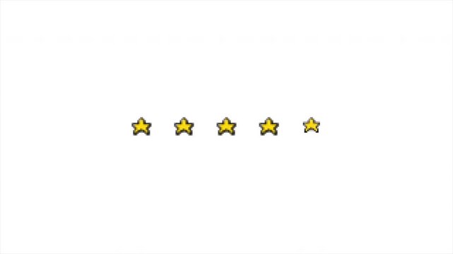 Five Golden Pixel Art Stars Appearing Sequentially, 5 Star Rating Animation, Retro Video Game Success, Level Completion, Customer Review Feedback, Achievement 4k video