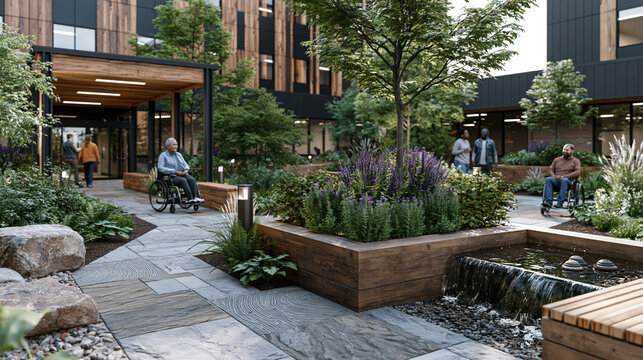 Accessible sensory garden within a hospital courtyard, textured stone paths, fragrant herb beds at wheelchair height, water feature with audible cues, multicultural group of visitors exploring the s