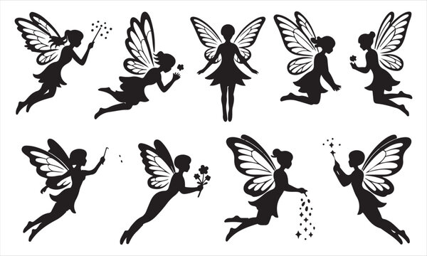 Whimsical pixie and fairy silhouette collection isolated on white
