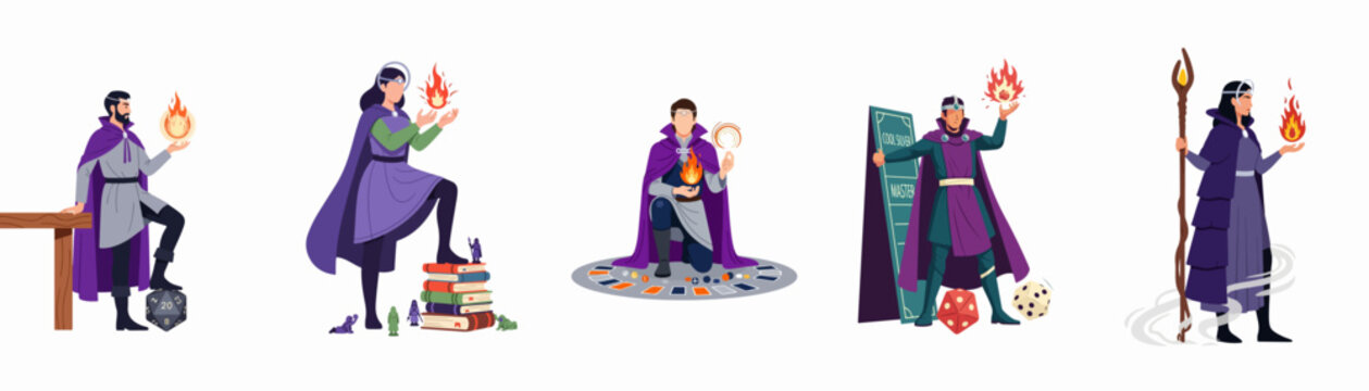 Fantasy mages and wizards flat vector characters set, tabletop roleplaying game elements, spellcasters with fire magic, d20 dice, miniatures, and books.