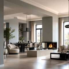 Fototapeta premium Modern living room neutral color open space fireplace dining area large window natural light contemporary furniture cozy elegant
