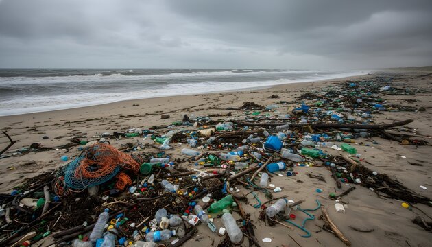 Empty beach covered with ocean plastic debris after storm environmental issue