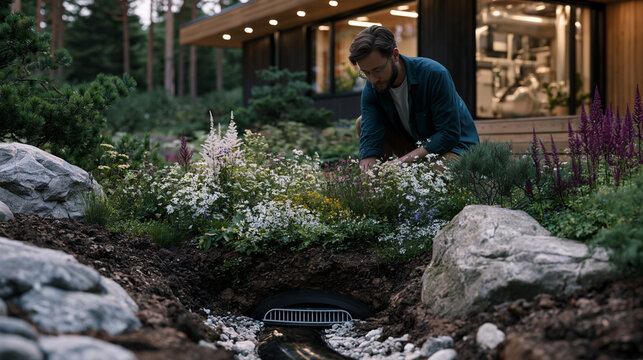 Passive house earth tube intake visible at garden level, buried pipe running to a mechanical room window, native wildflower planting above the underground duct, solitary homeowner inspecting the inl