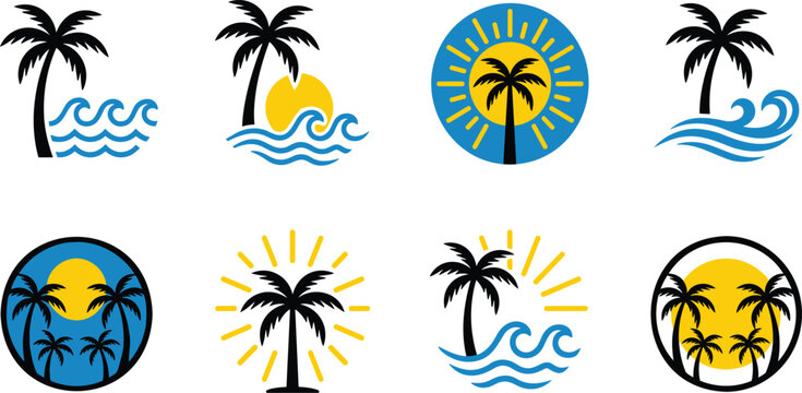 Summer Beach Emblem and Surf Club Logo Design Set Featuring Tropical Palm Trees Ocean Waves Sunsets and Island Vacation Elements