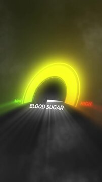  Animated blood sugar level gauge on dark background. Level rises to high then drops to low. Glowing meter, vertical format.