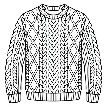 Knitted Cable-Knit Sweater Illustration - Black and White Line Art Vector for Fashion and Coloring Pages