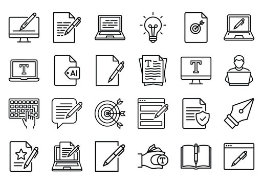 Writing and content creation icons with creation document computer keyboard lightbulb copywriting proofreading