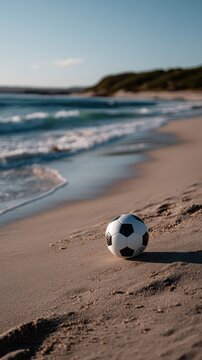 Black and white soccer ball resting on sandy beach with ocean waves and blue sky in the background under natural sunlight