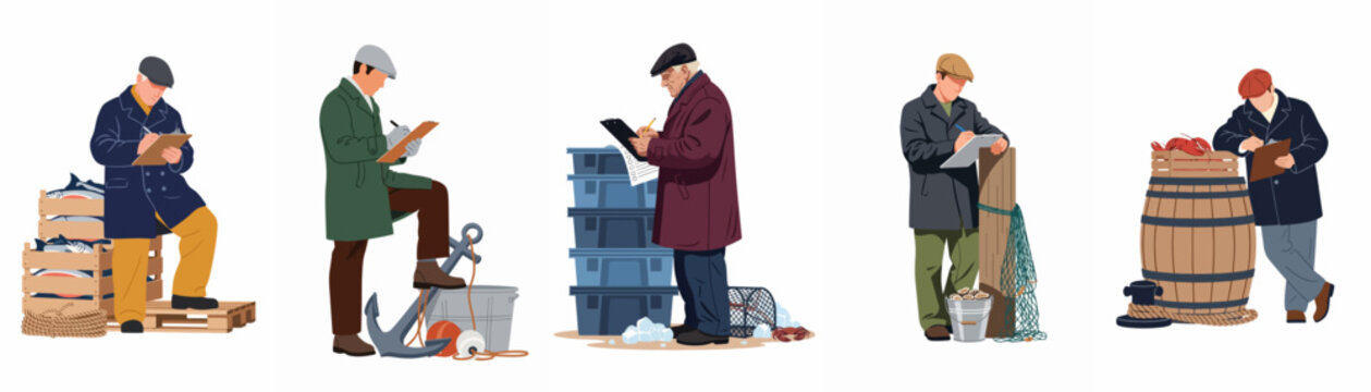 Flat vector illustration set featuring fishermen and dockworkers taking notes on clipboards, surrounded by seafood crates, barrels, and fishing equipment.