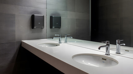 Fototapeta premium A modern bathroom with a sleek white countertop and gray tile walls