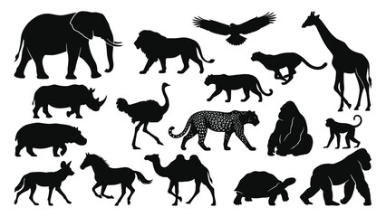 Animals silhouette collection shows a variety of wild creatures arranged in a group format. © adnan