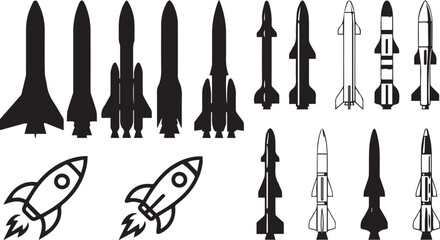 Fototapeta premium Rocket Silhouette Collection with Space Shuttle and Launch Icons for Aerospace Vector Design Set Illustration Pack
