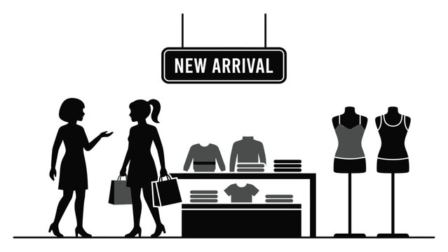 Shoppers browse clothing in a boutique while standing near a sign announcing new arrival products.
