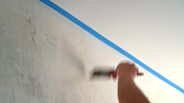 Person painting wall along ceiling edge in interior room