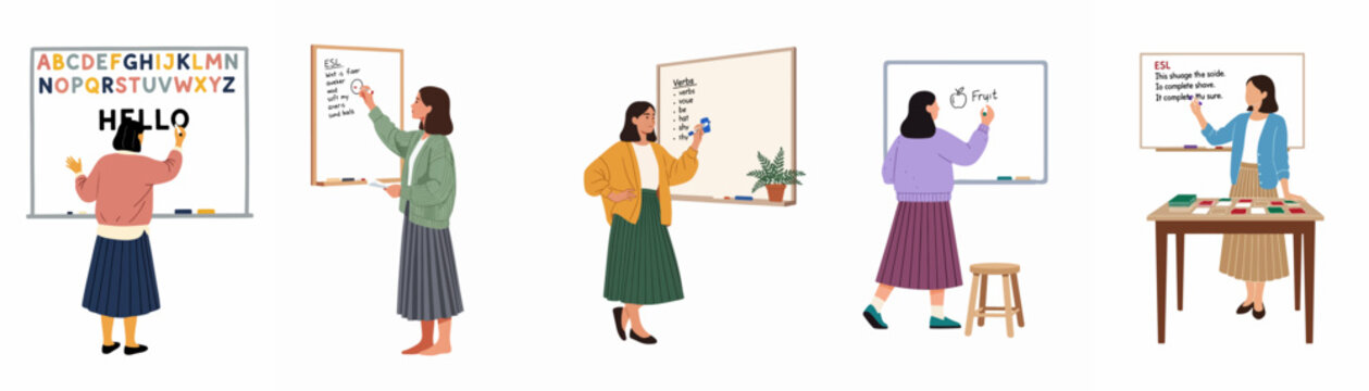 Set of illustrations depicting female teachers conducting English as a Second Language (ESL) lessons using whiteboards and markers.