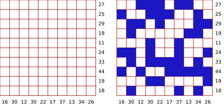 Kakurasu logic puzzle series with numbered grids and filled solutions. Clean vector illustration for brain teasers, printable worksheets, and educational activity books