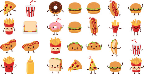 Fototapeta premium Cute fast food cartoon vector illustration set featuring funny pizza burger fries hotdog taco and kawaii snack characters