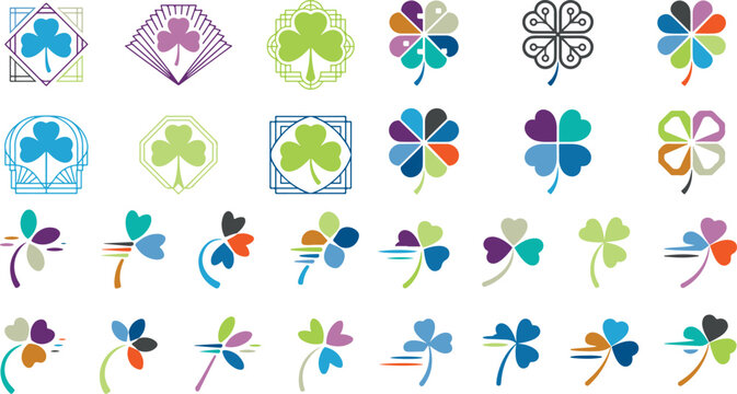 Collection of colorful shamrock and clover leaf icons on white background  various shapes and designs