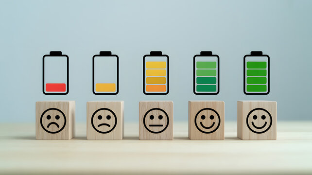 A creative representation of battery levels and corresponding emotions on wooden blocks