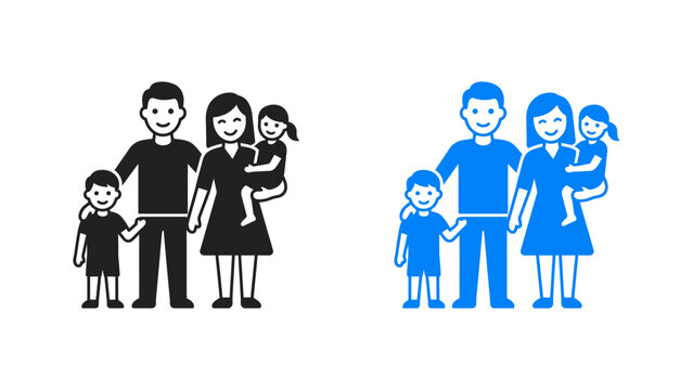 Happy family icon set with father, mother, son, and daughter standing together in black and blue flat vector style
