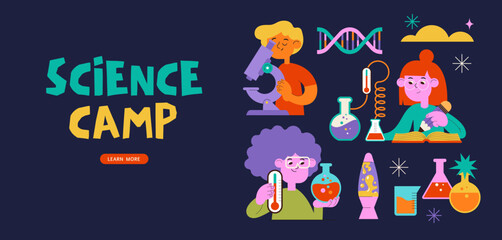 Fototapeta premium Colorful science camp poster and banner design. Kids learning and doing biology and chemistry experiment. STEM activities vector cartoon illustration 
