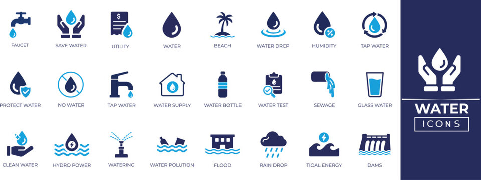Water solid icon set. liquid drop, rain, glass, shower, drinking supply, hydration and ecology symbols collection vector icons for web UI app.
