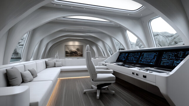Futuristic ship interior with dark lighting, command center, high fidelity control panels, modern seating, and panoramic windows