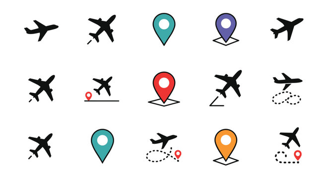 Grid of aviation and travel icons featuring airplane silhouettes, location pins, and flight paths representing global transport and navigation.