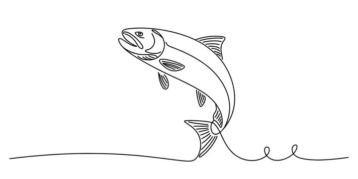 Continuous single line drawing of a jumping salmon fish
