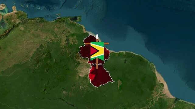 Satellite view of Guyana with flag and outline highlighting the nation's geography