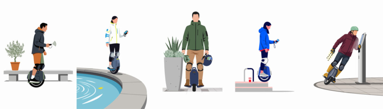 Flat Vector Illustration Set of People Riding Electric Unicycles in Urban Environments with Safety Gear and Modern Technology Integration
