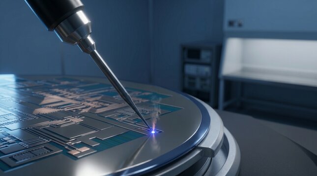 Close-up of a probe needle laser etching a silicon wafer in a cleanroom setting
