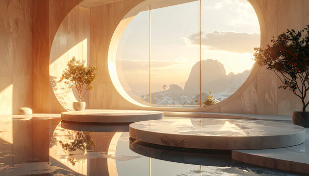 Modern interior design with round platforms and scenic window view