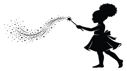 Girl silhouette waves a magic wand to create a trail of sparkling stars in this whimsical. © adnan