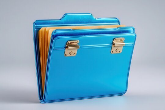 Blue file folder with gold clasps and paper inserts
