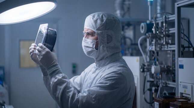 Process engineer inspecting a wafer in a cleanroom environment