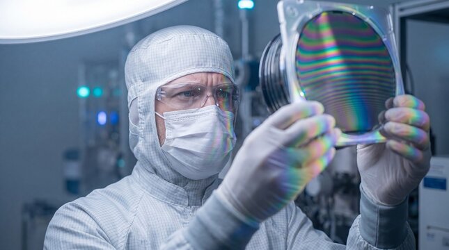 Process engineer examining a silicon wafer in a cleanroom environment.