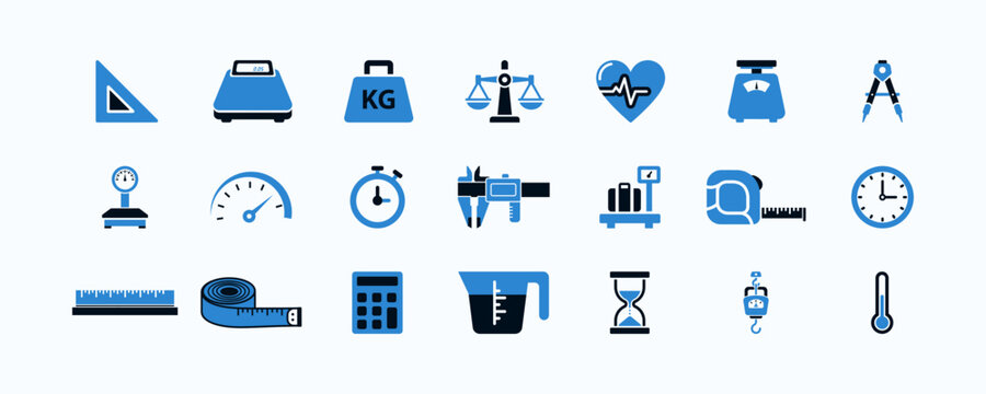 Set of measuring tools and instruments icons showing various types of scales, rulers, meters, and timing devices for accurate measurements in diverse fields and applications.