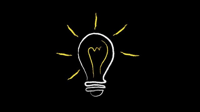 hand drawn white aand yellow light bulb idea icon on black