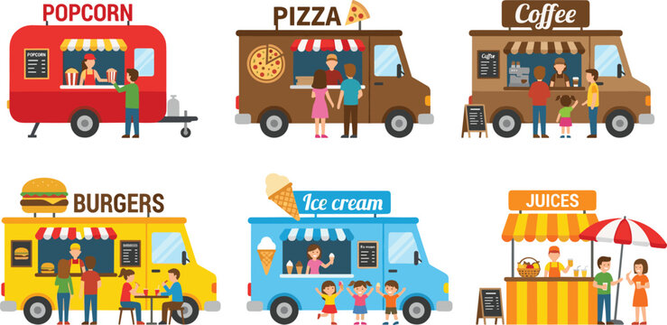 Colorful Street Food Truck Set with Popcorn, Pizza, Coffee, Burger, Ice Cream, and Juice Vendors for Festival and Urban Food Designs